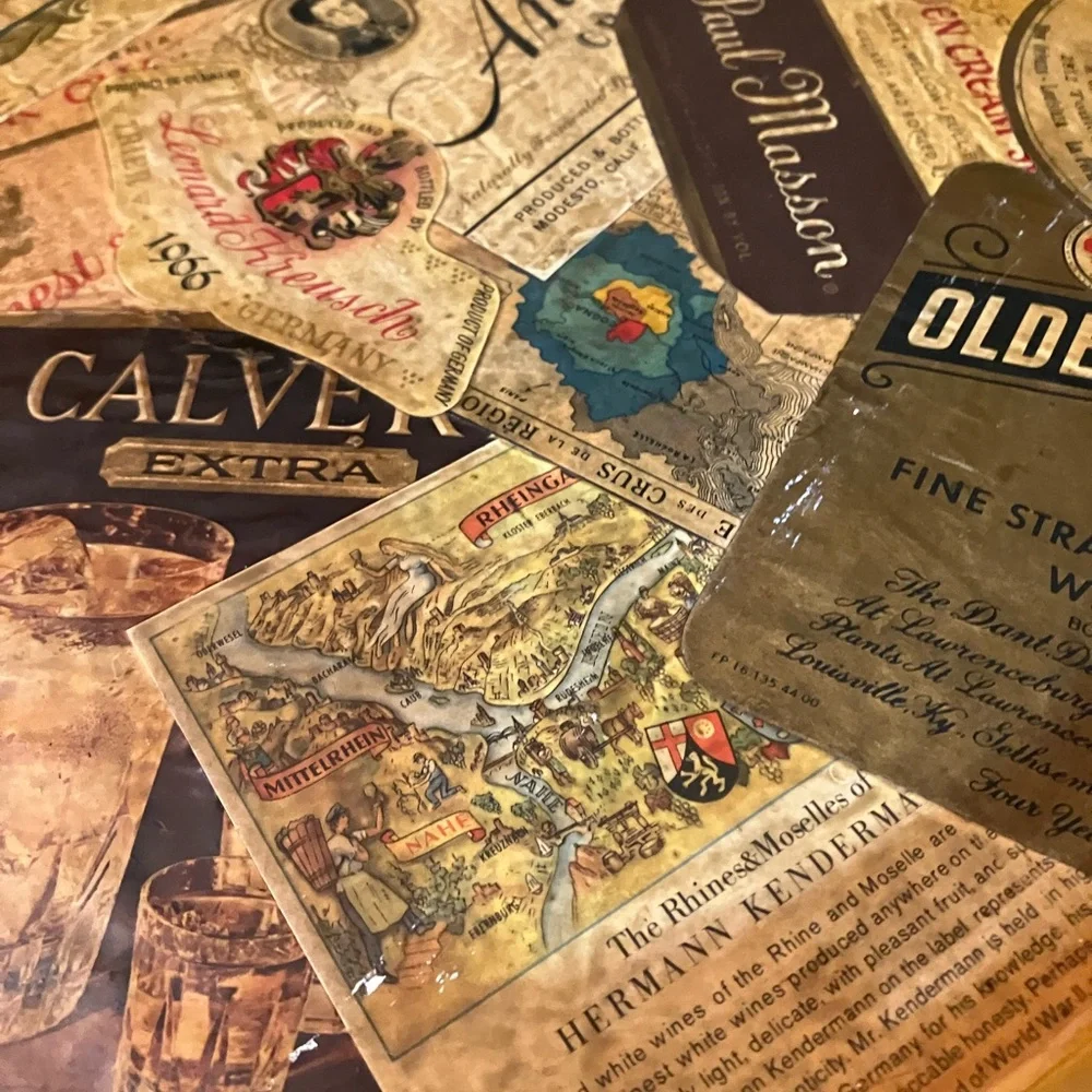 Vintage Liquor Labels Tin Metal Tray Decoupaged 13.5” Wide Unique Bar Decor